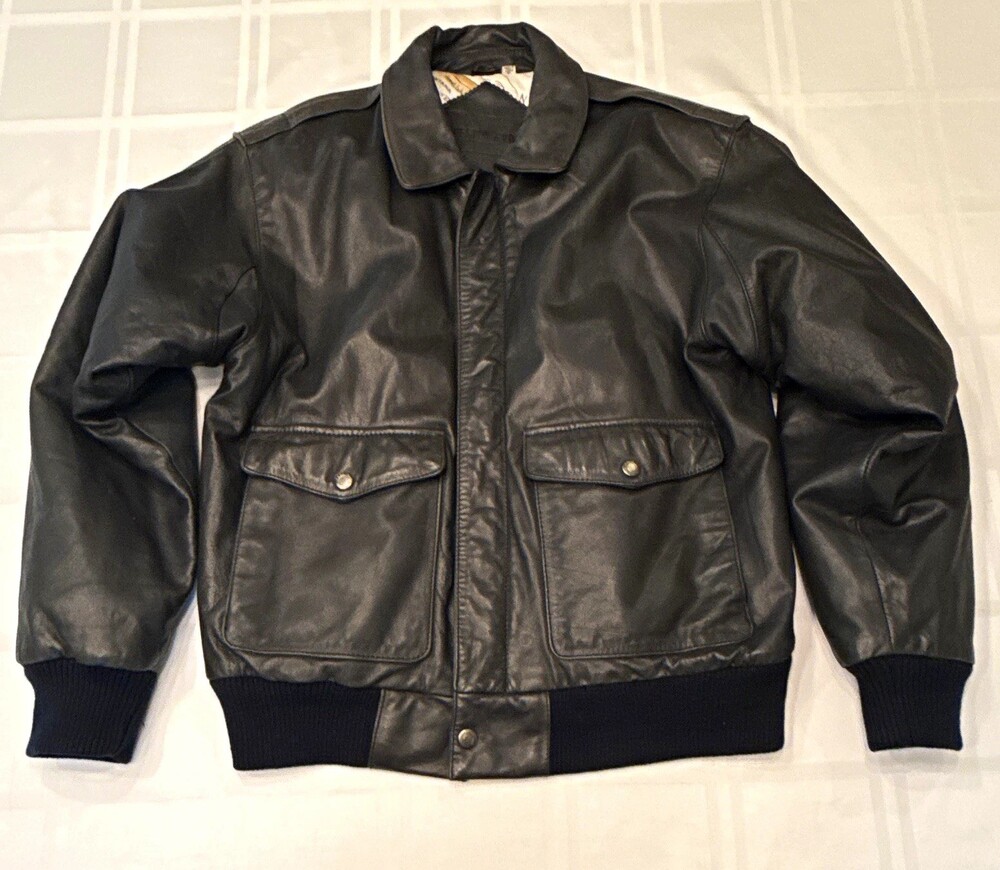 VTG Preston York A2 Leather Flight Jacket Mens Small Black USA Escape Map Lining